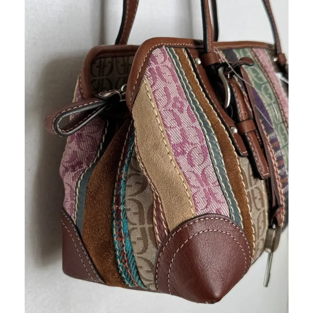 Fossil Signature Patchwork Double Handle Satchel Bag NWT Y2K Multicolor